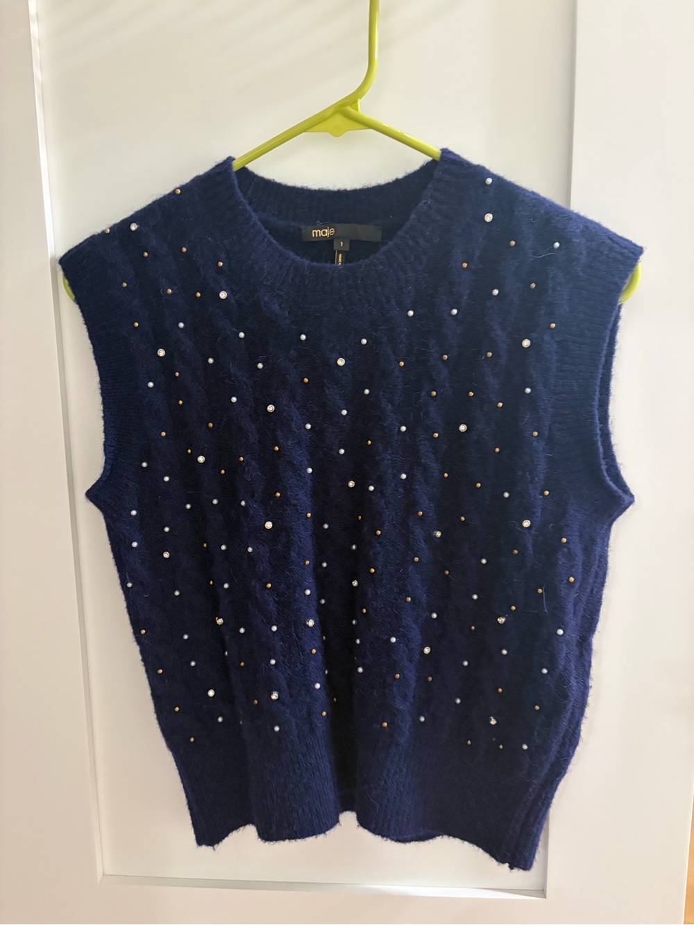 Maje Navy Beaded Sleeveless Crewneck Sweater Vest